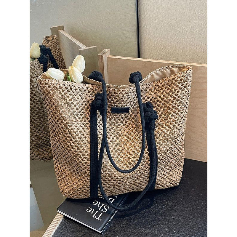 Beige knitted beach tote with large capacity and one-shoulder strap – breathable and foldable