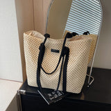 Beige knitted beach tote with large capacity and one-shoulder strap – breathable and foldable