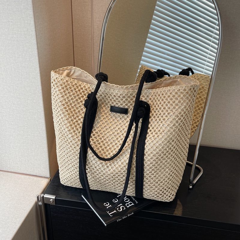 Beige knitted beach tote with large capacity and one-shoulder strap – breathable and foldable