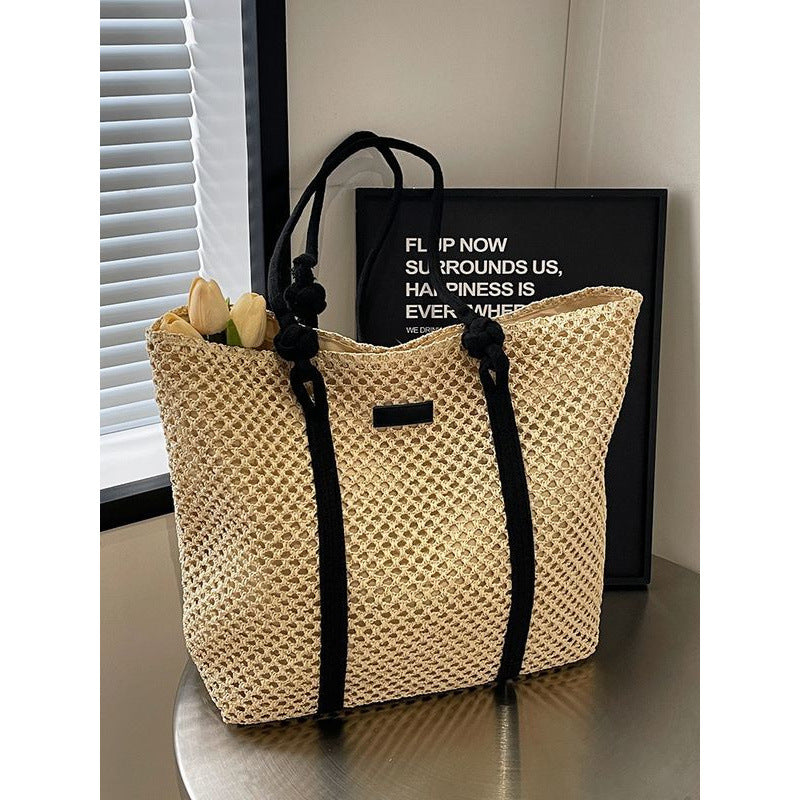 Beige knitted beach tote with large capacity and one-shoulder strap – breathable and foldable