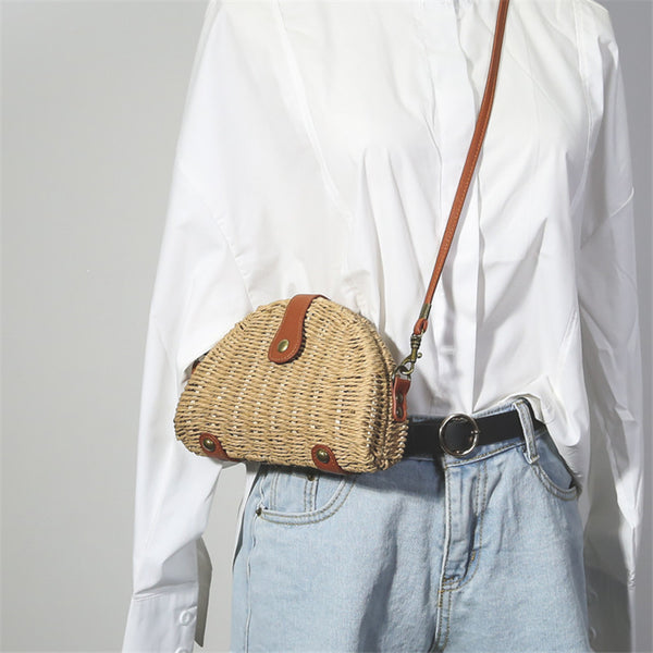 Beige semicircular straw shoulder bag for summer travel and beach style