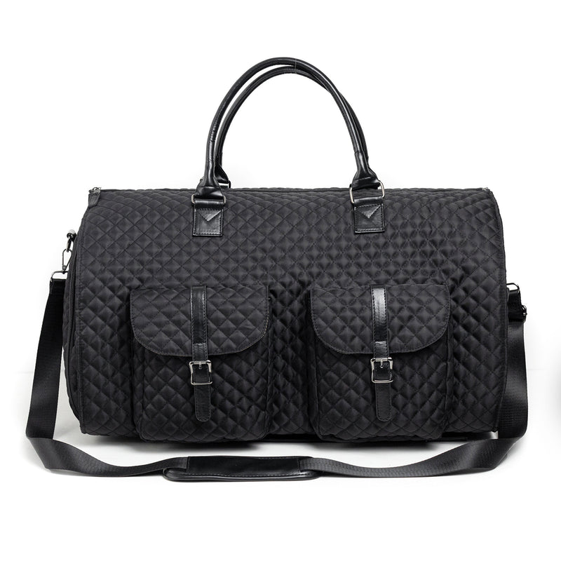 Black convertible garment duffle bag for travel – carry-on size with shoe compartment and suit section