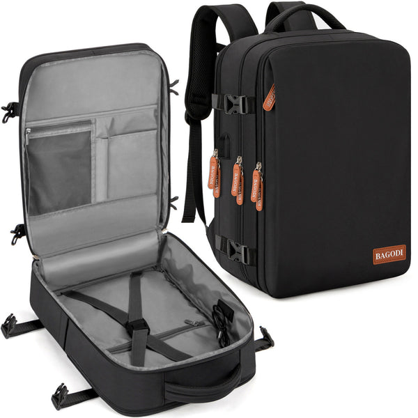 Black water-repellent travel backpack with USB charging port and laptop storage