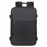 Black waterproof backpack with USB charging port and padded laptop compartment for travel or college