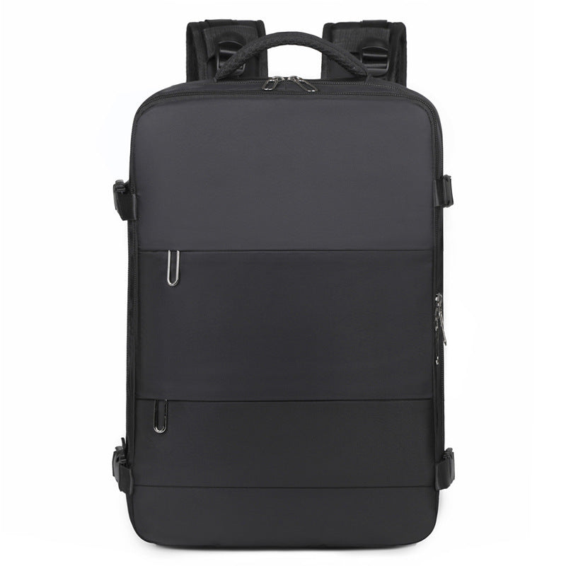 Black waterproof backpack with USB charging port and padded laptop compartment for travel or college
