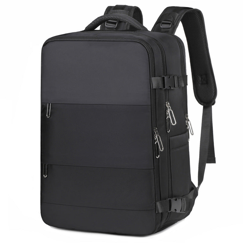 Black waterproof backpack with USB charging port and padded laptop compartment for travel or college