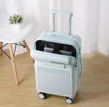 Blue women’s hand luggage with password protection, spinner wheels and sleek design