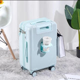 Blue women’s hand luggage with password protection, spinner wheels and sleek design