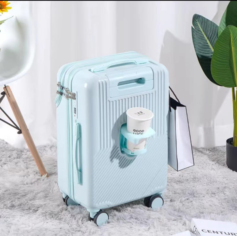 Blue women’s hand luggage with password protection, spinner wheels and sleek design