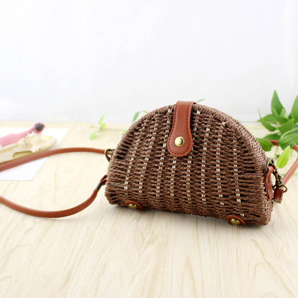 Brown woven mini crossbody straw bag with semicircle shape – holiday fashion
