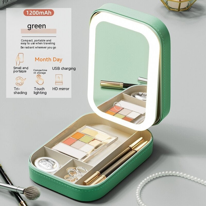 Green cosmetics organiser with mirror and touch lighting – travel-friendly and stylish