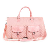Pink convertible carry-on garment duffle with zipped compartments and trolley sleeve