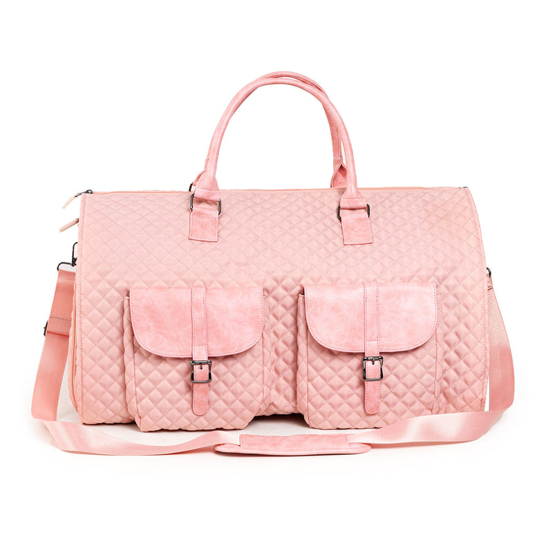 Pink convertible carry-on garment duffle with zipped compartments and trolley sleeve