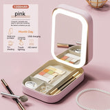 Pink travel makeup box with built-in LED mirror – portable and rechargeable for on-the-go beauty