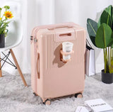 Pink women’s hand luggage with password protection, spinner wheels and sleek design
