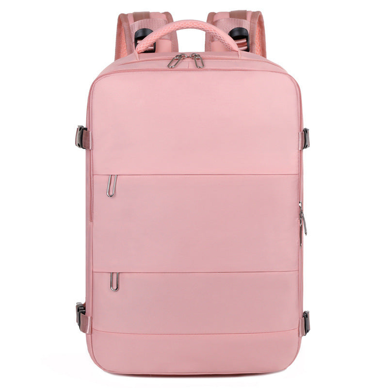 Pink women’s large capacity travel backpack with laptop sleeve and wet/dry compartments