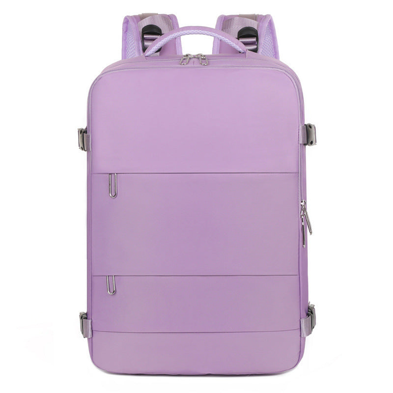 Purple multi-compartment backpack with water-resistant material and luggage strap – perfect for women on the go