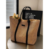 Tan knitted beach tote with large capacity and one-shoulder strap – breathable and foldable