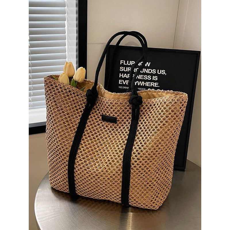 Tan knitted beach tote with large capacity and one-shoulder strap – breathable and foldable