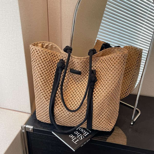 Tan knitted beach tote with large capacity and one-shoulder strap – breathable and foldable