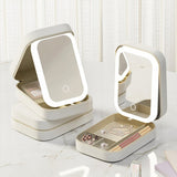 White LED makeup storage box with touch light mirror and portable organiser case