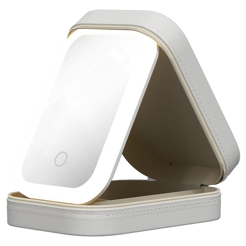 White LED makeup storage box with touch light mirror and portable organiser case