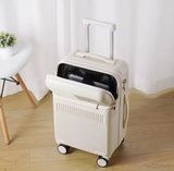 White women’s hand luggage with password protection, spinner wheels and sleek design