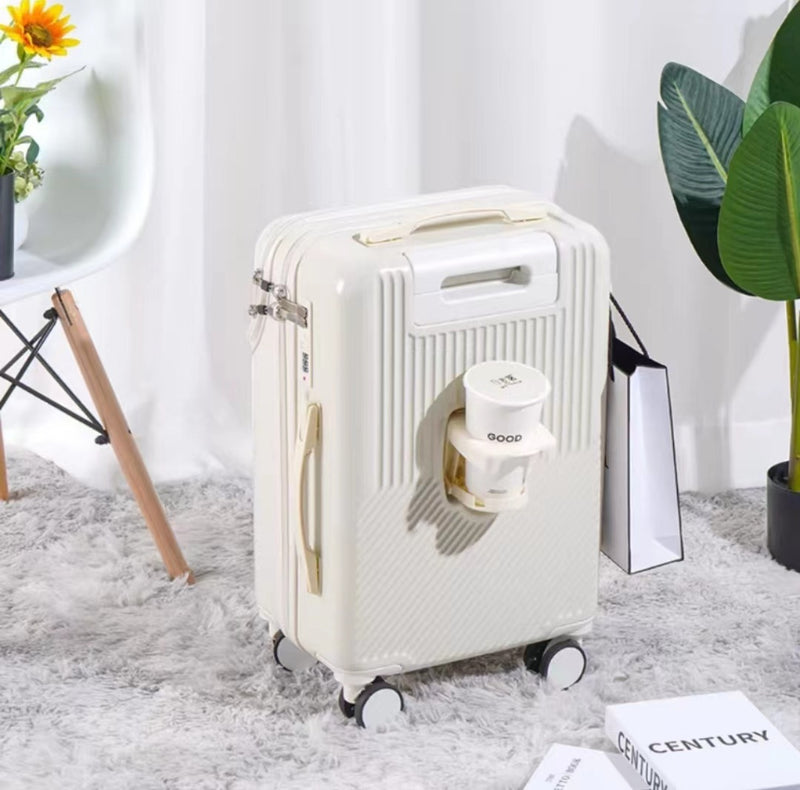 White women’s hand luggage with password protection, spinner wheels and sleek design