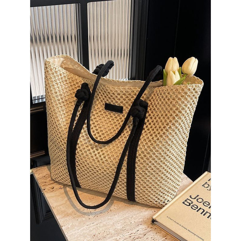Beige knitted beach tote with large capacity and one-shoulder strap – breathable and foldable