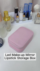 Pink LED makeup storage box with touch light mirror and portable organiser case