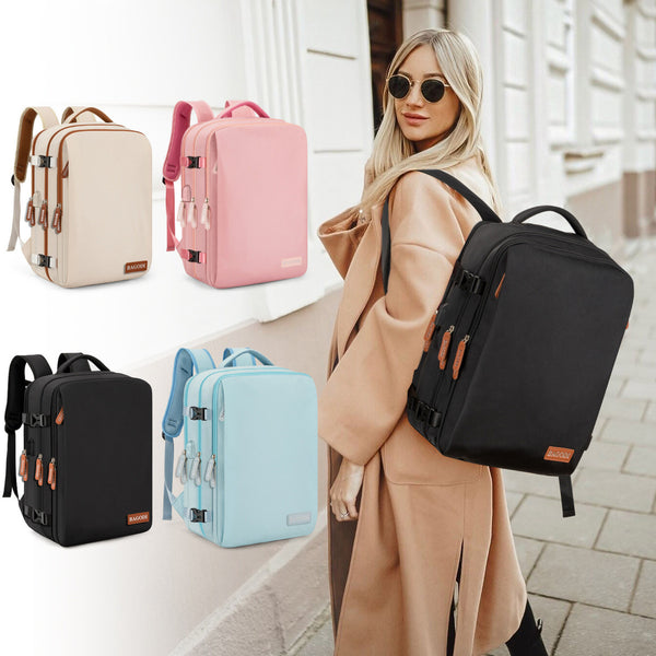 water-repellent travel backpack with USB charging port and laptop storage